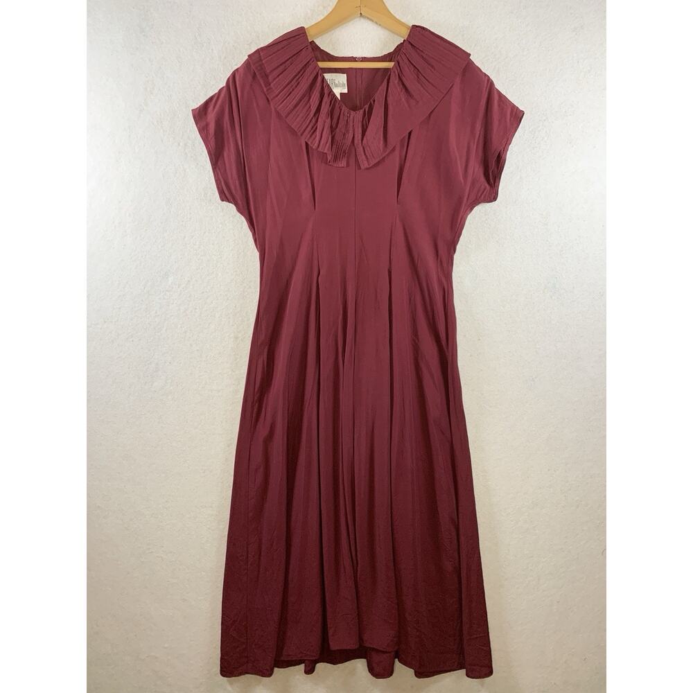Vintage 80s Nina Piccalino Pleated Collar Midi Dress Sz S‎ Burgundy Made in USA